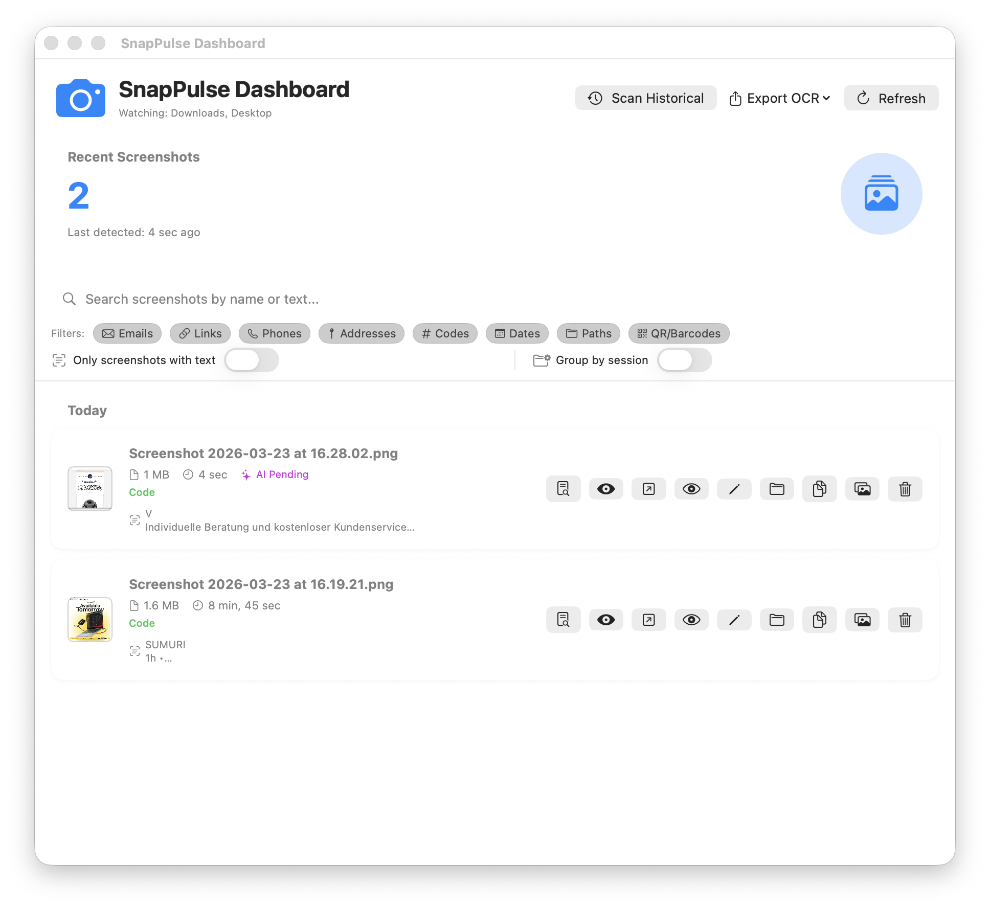 SnapPulse Dashboard showing screenshot cards with OCR text, entity badges, filters, and smart action buttons