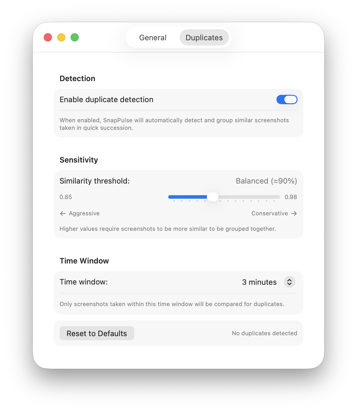 SnapPulse Duplicate Detection settings with similarity threshold slider and time window